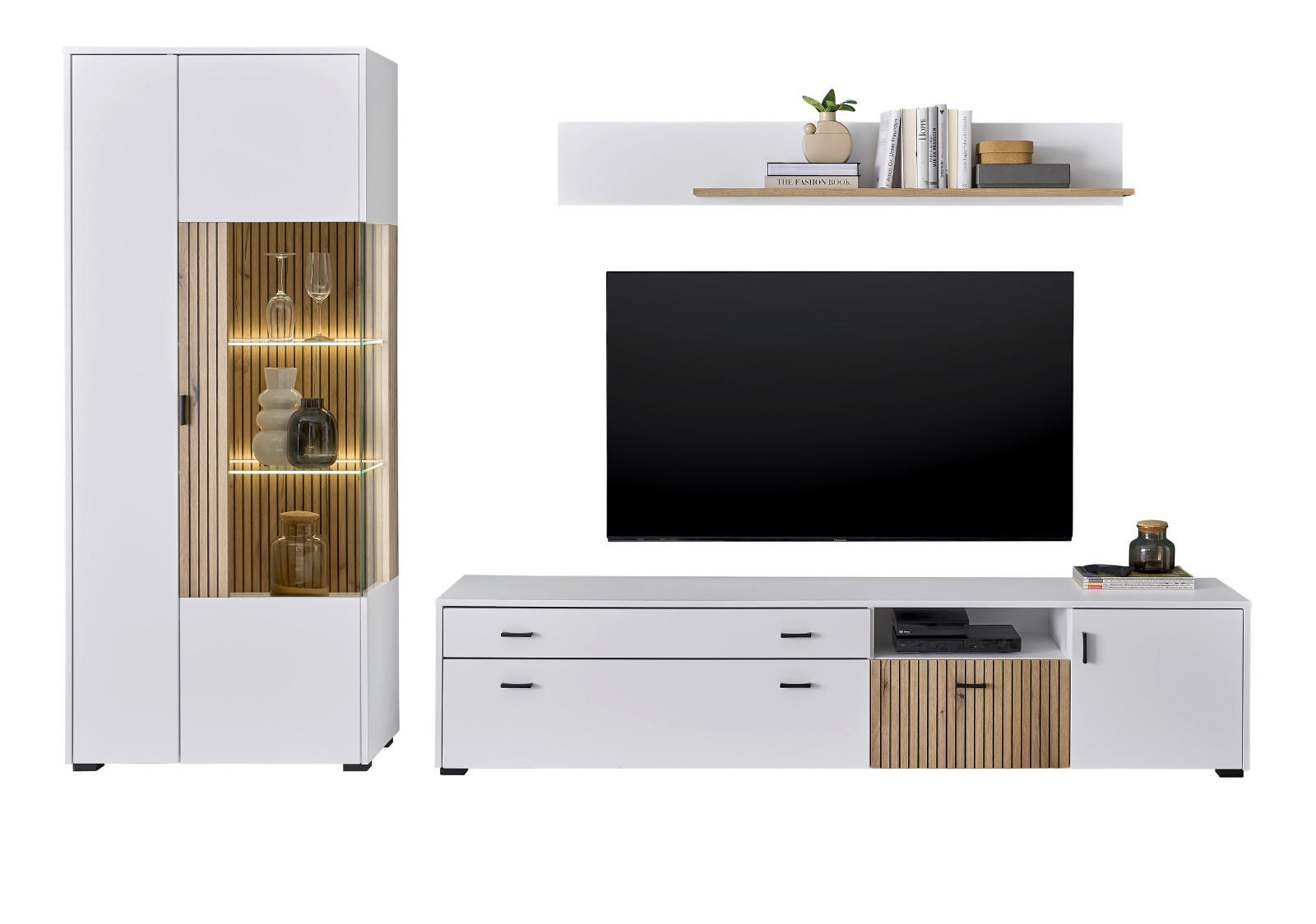 WOHNWAND weiß matt, Evoke Eiche, Wohnkombination 3-teilig 285 x 180 cm - Eichefarben/Weiß, Holzwerkstoff (285/180/42cm) - Furn.Design