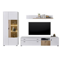 WOHNWAND 3-teilig weiß matt, Eiche 285 cm, Wohnkombination mit Soft-Close - Eichefarben/Schwarz, Glas/Holz (285/180/42cm) - Furn.Design
