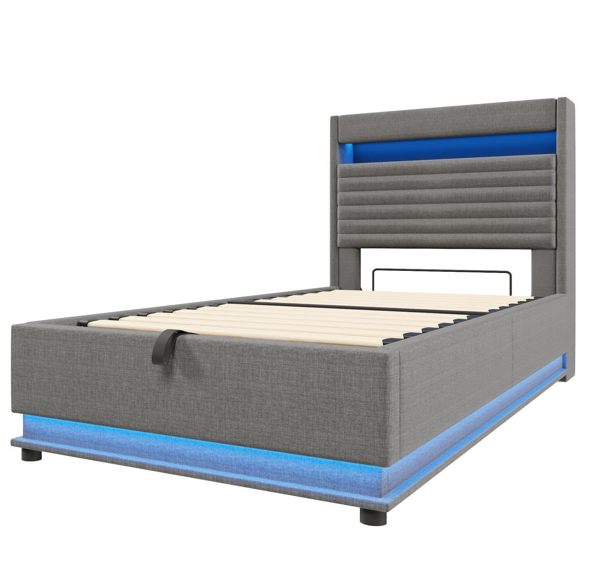 POLSTERBETT 90/200 cm Grau mit LED-Beleuchtung, USB- und Typ-C-Anschluss, hydraulischem Stauraum und Ablage - Grau, Textil (90/200cm) - OKMYHOME