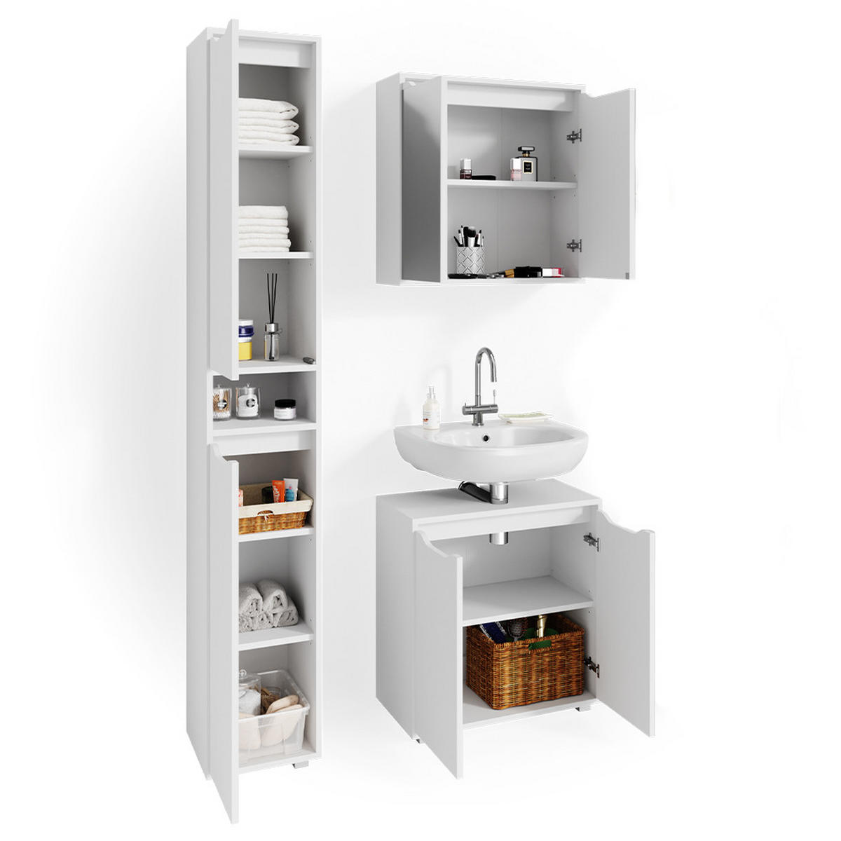 BADMÖBEL-SET Ruben Weiß 3 Teile, mit Hochschrank - Weiß, Holzwerkstoff (60/62/30cm) - Vicco