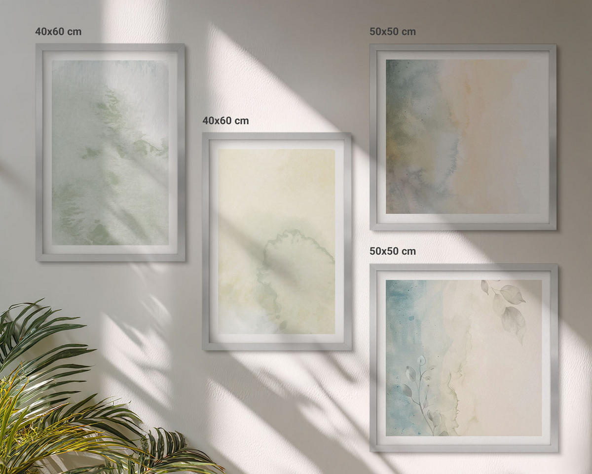 BILDER SET 4er Set - 50x50 cm & 40x60 cm Silberner Rahmen - Pastellfarbene Aquarell-Leinwandtextur - Silberfarben, Kunststoff (50/50cm) - TULUP