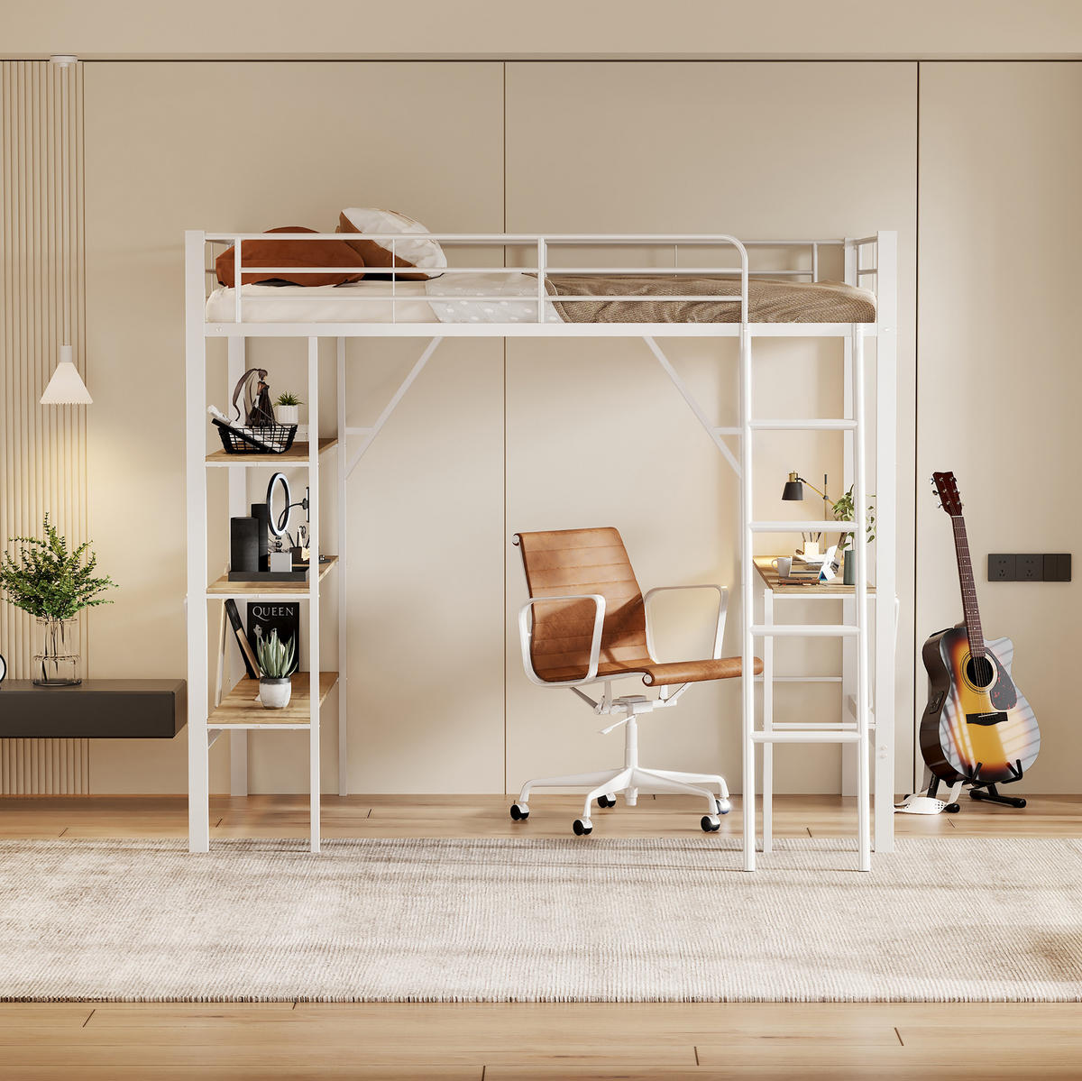 HOCHBETT 90/200 cm Weiß Metallbett mit Schreibtisch und Ablagen - Weiß, Holzwerkstoff (90/200cm) - OKWISH