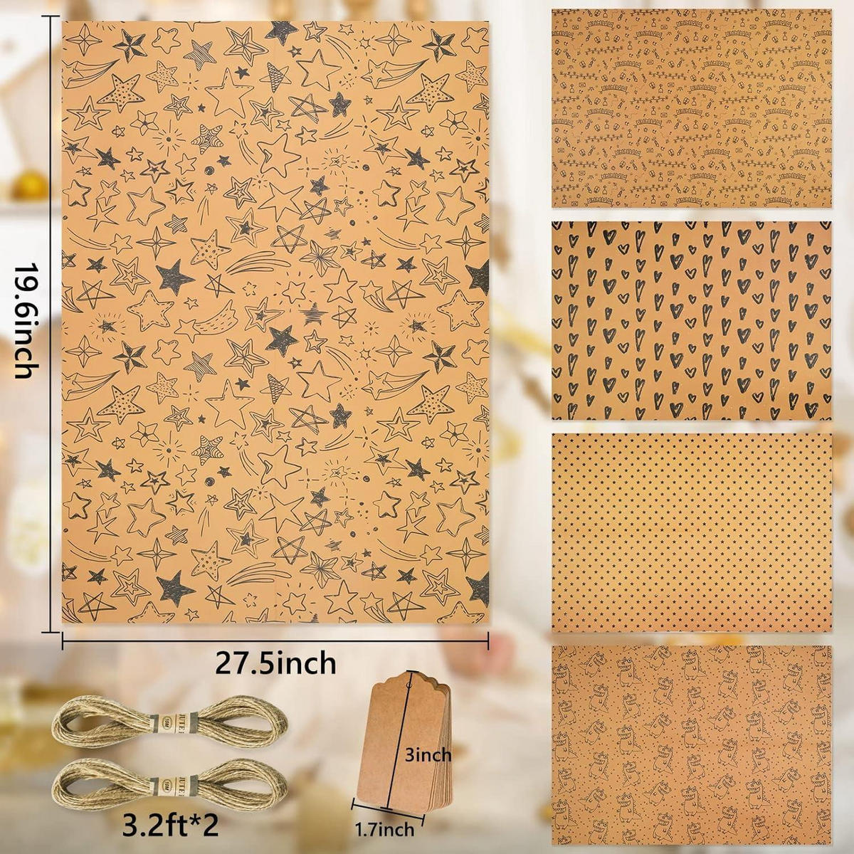 GESCHENKPAPIER Set 5-teilig Kraftpapier mit Schnur und Anhängern - Multicolor, Papier (15/0.6/19cm)