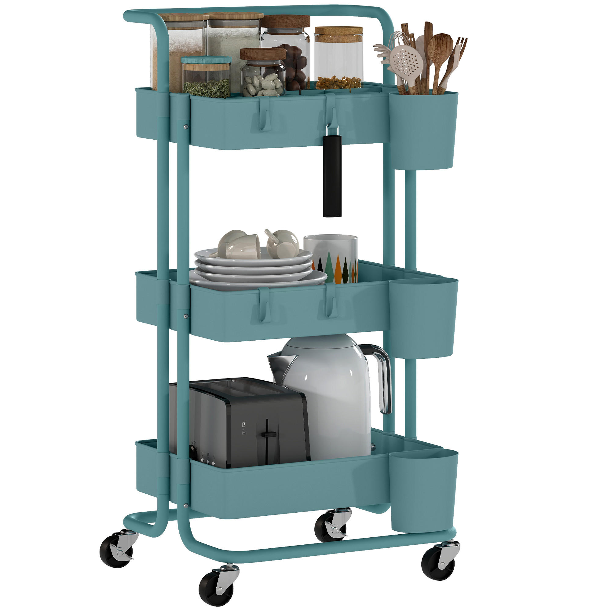 SERVIERWAGEN DE-12544 3 Ebenen mit Haken & Hängeboxen 42/38/86,5 cm Blaugrün - Weiß, Kunststoff (38/86.5/42cm) - ComfortXL