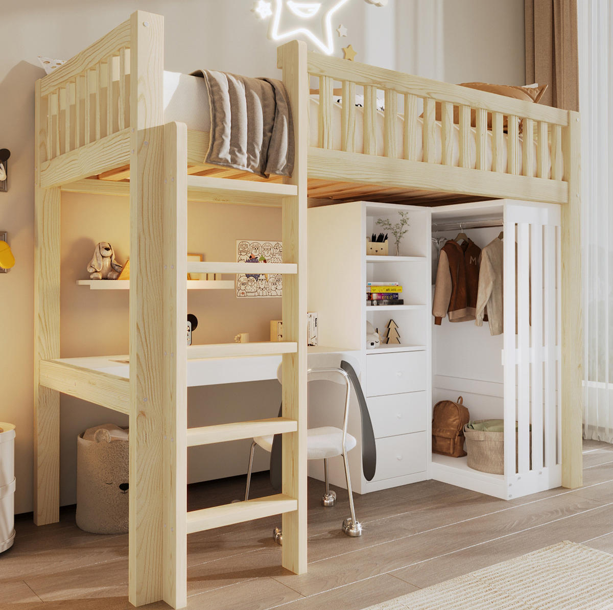 VISOKA postelja 90/200 cm naravna z mizo, garderobno omaro in predali iz bora in MDF - naravne barve, les (90/200cm) - OKWISH