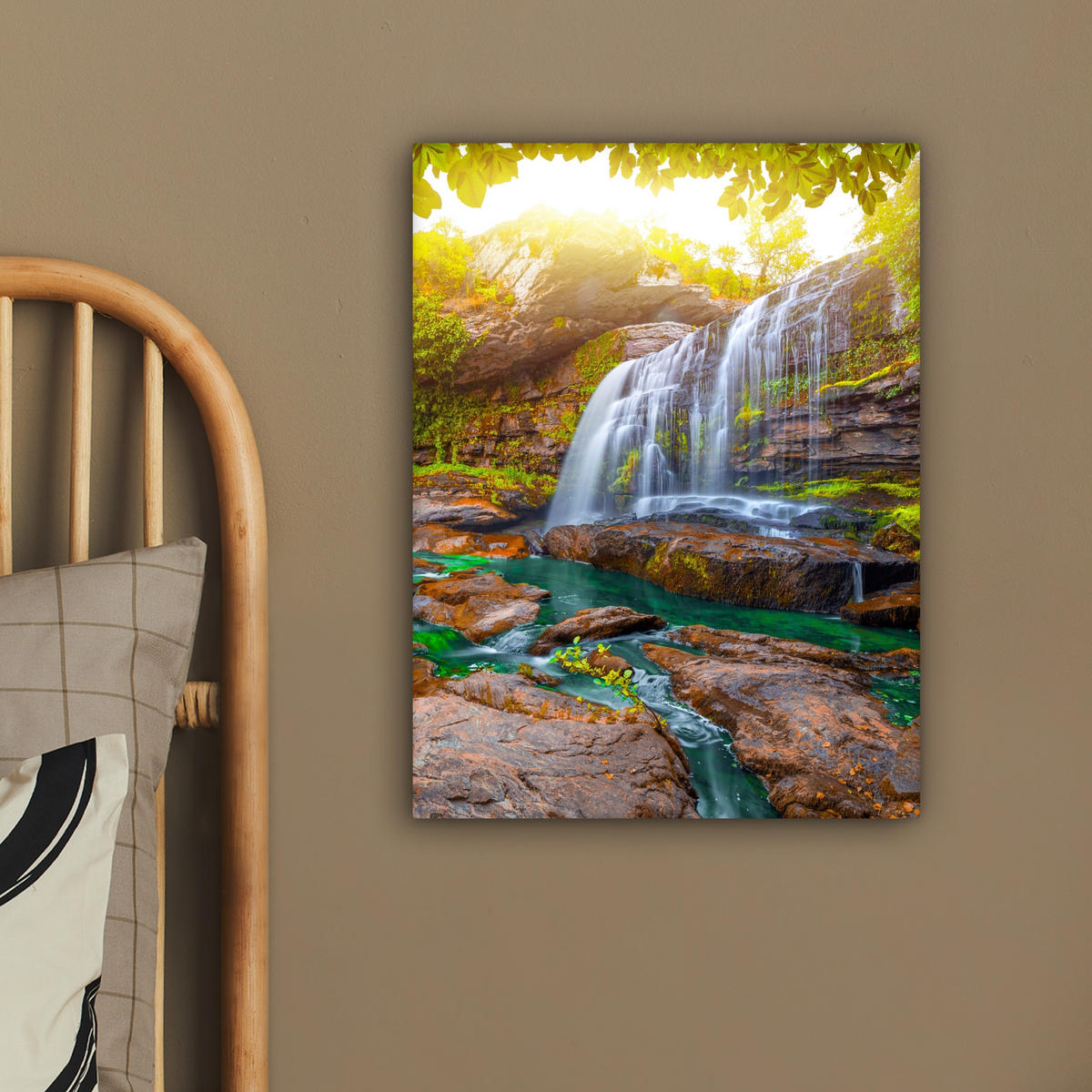 LEINWANDBILD Natur - Wasserfall - Pflanzen - Bäume - Sonne 30x40 cm - Olivgrün, Textil (30/40cm) - MuchoWow