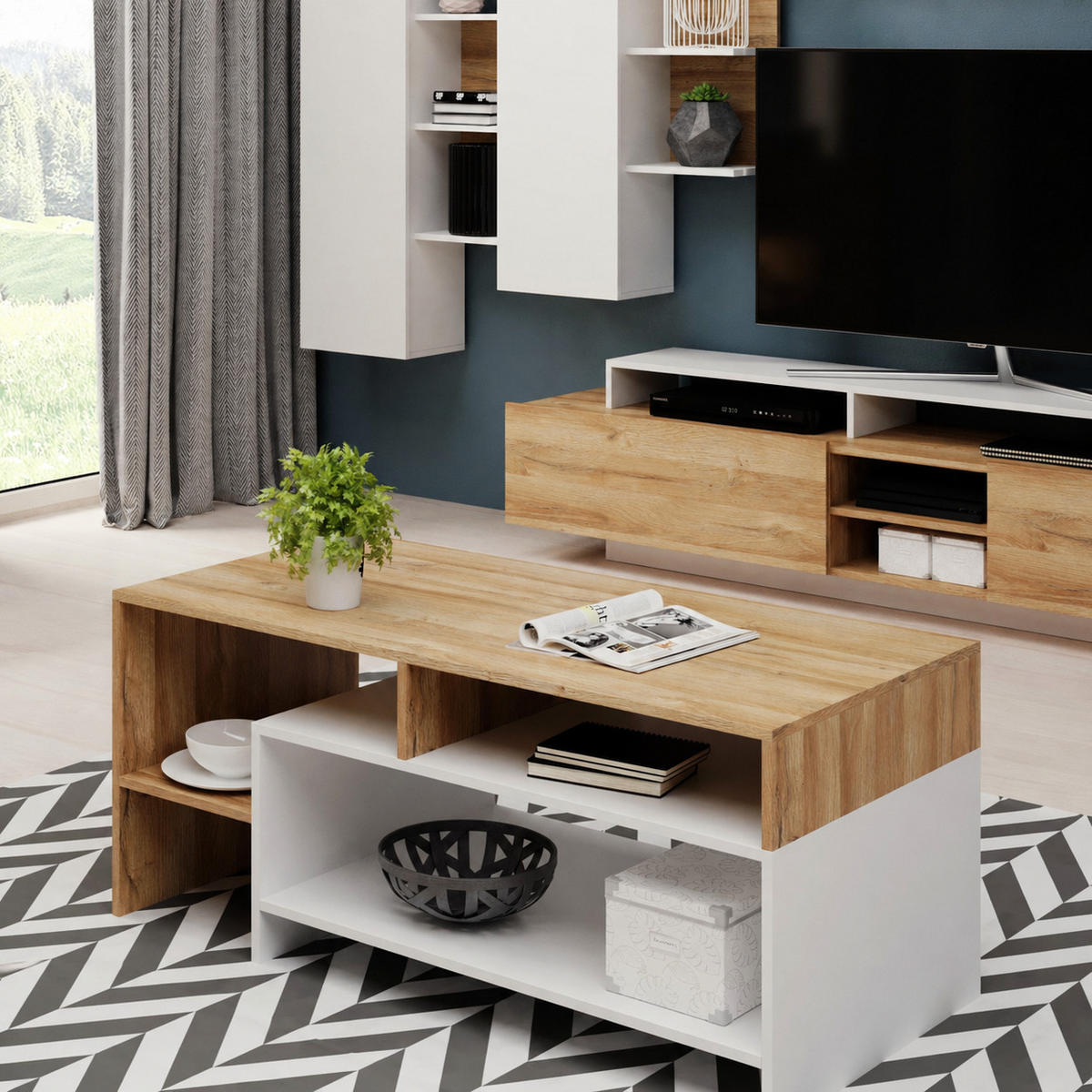 COUCHTISCH Panzo Eiche Grandson / Weiß - 120 cm - mit Ablagefach - Eichefarben/Weiß, Holzwerkstoff (60/120/53cm) - Ravio