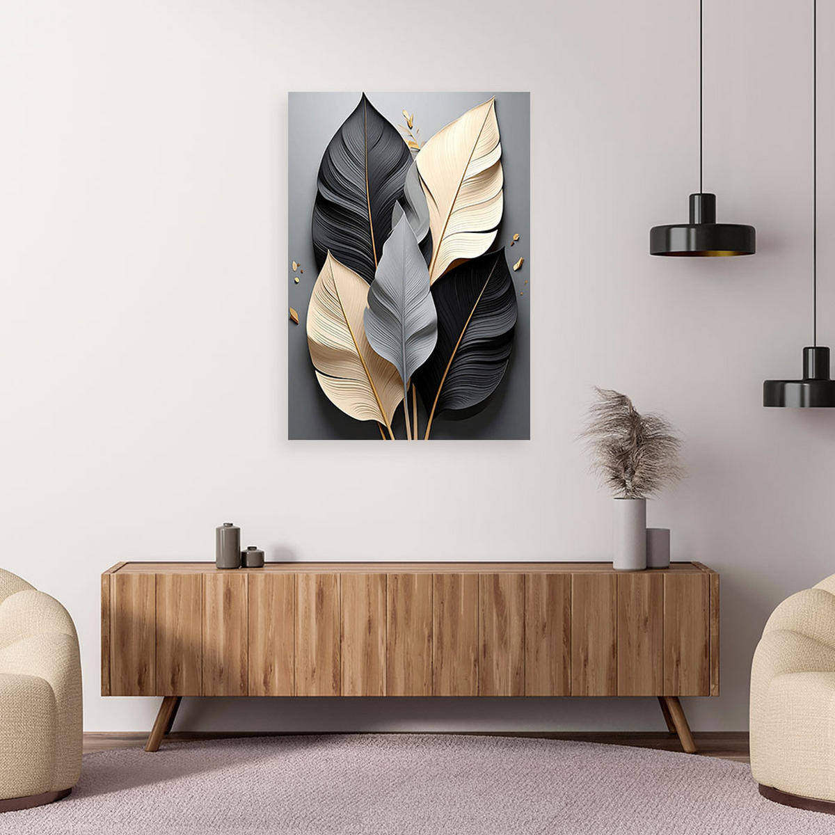 WANDBILD, Dekorative Blätter in Schwarz- Weiß- und Beigetönen - Schwarz, Textil (70/100cm) - Feeby