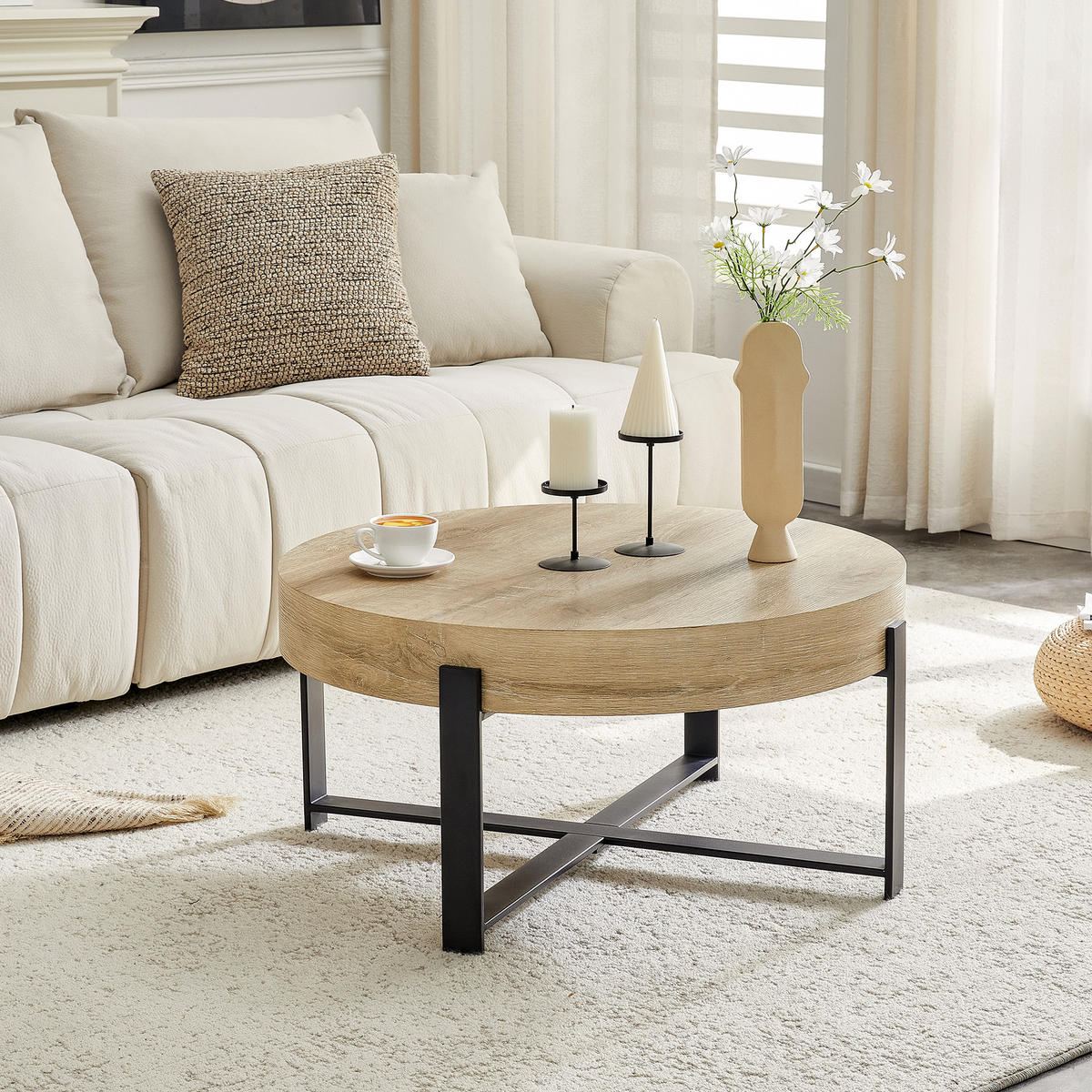 COUCHTISCH in Naturfarbe Wohnzimmertisch mit einem schwarzen Metallkreuzsockel für Wohnzimmer, B68/T68/H36 cm - Schwarz/Naturfarben, Holzwerkstoff/Metall (68/68/36cm) - STILVORA