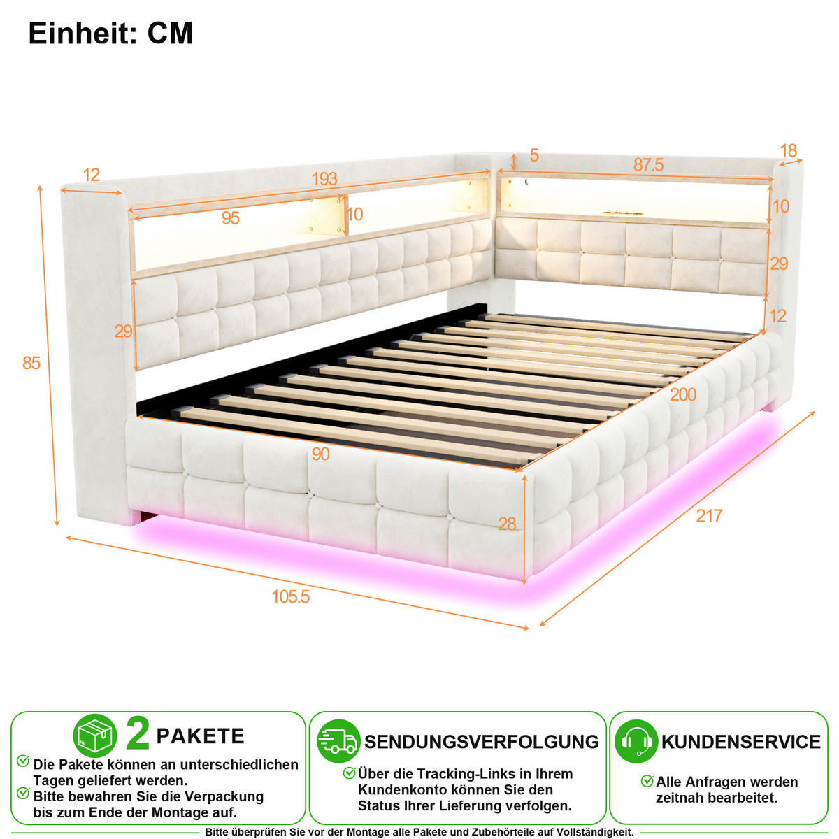SCHLAFSOFA 90/200 cm in Beige mit Bettkasten, Regal, LED und USB Samt - Beige, Holzwerkstoff/Textil (90/200cm) - CHICFURN