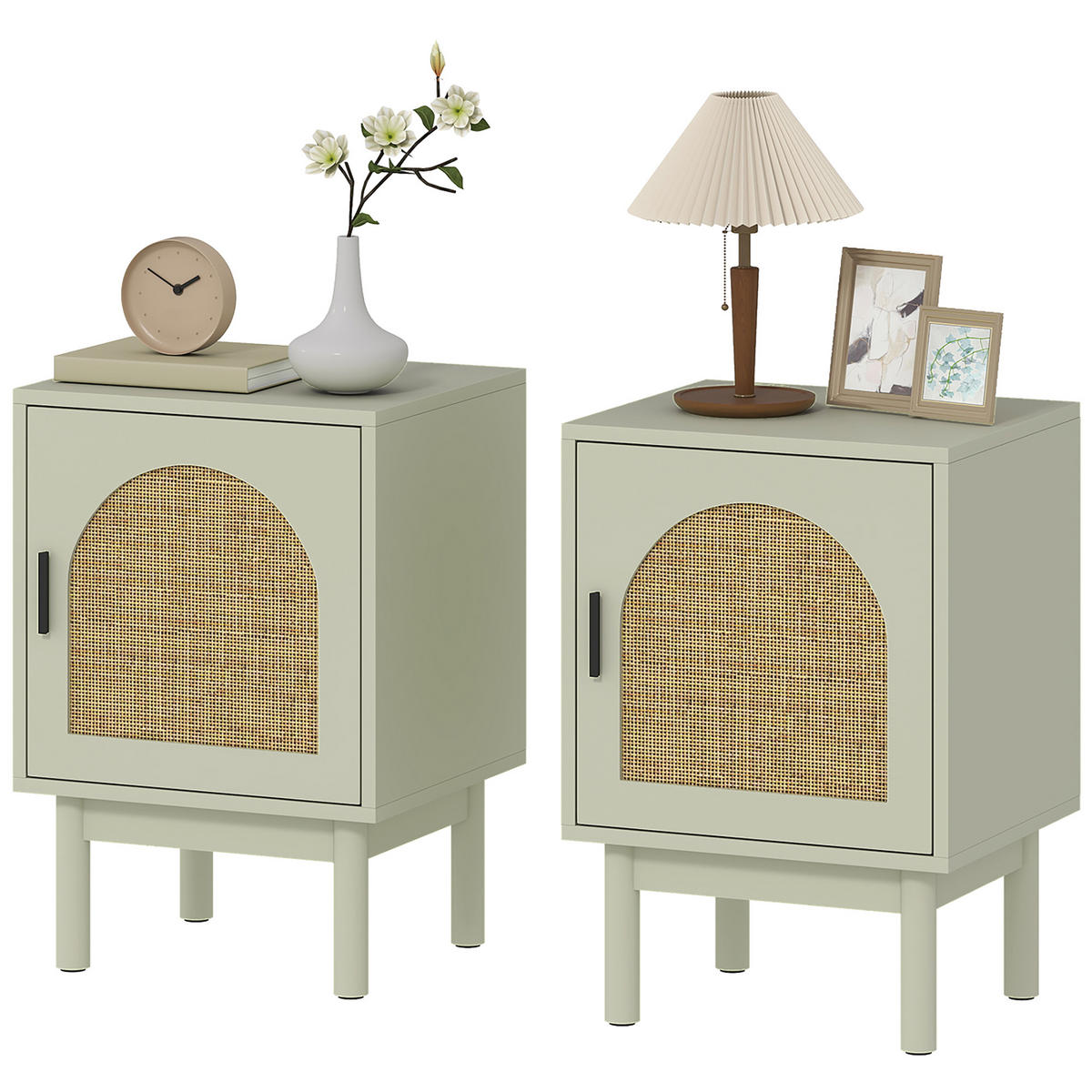 NACHTSCHRANK 2er-Set DE-12925 geflochtene Tür und verstellbares Regal Hellgrün - Grün, Holzwerkstoff (35/58/40cm) - ComfortXL