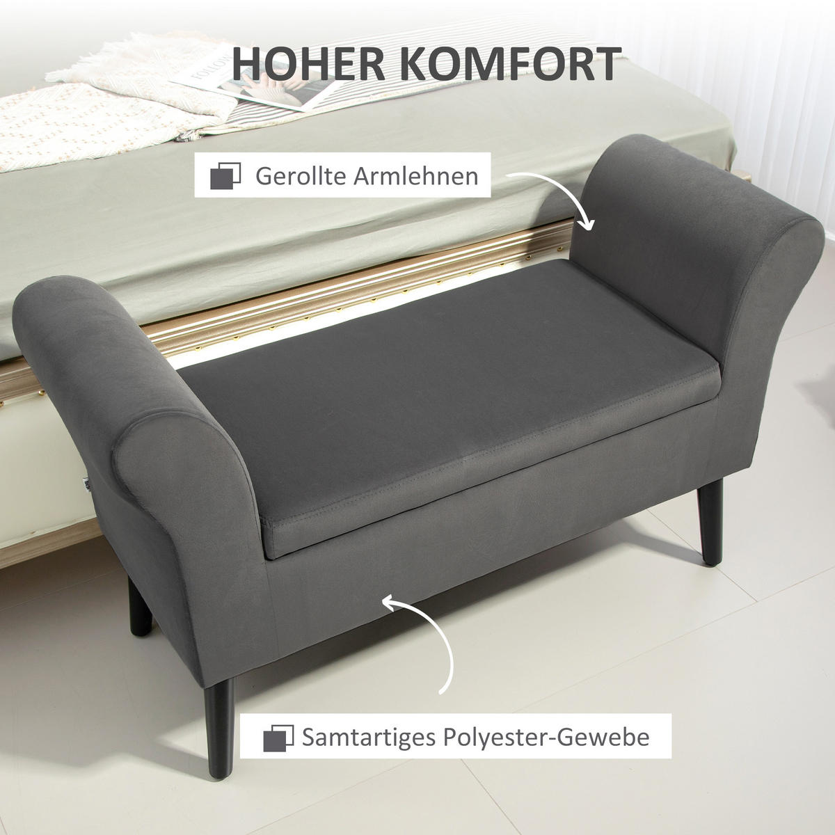 SITZBANK Polsterbank mit Stauraum Truhenbank mit Armlehnen Sitzhöhe 46 cm - Dunkelgrau, Kunststoff (41/65/111.5cm) - HOMCOM