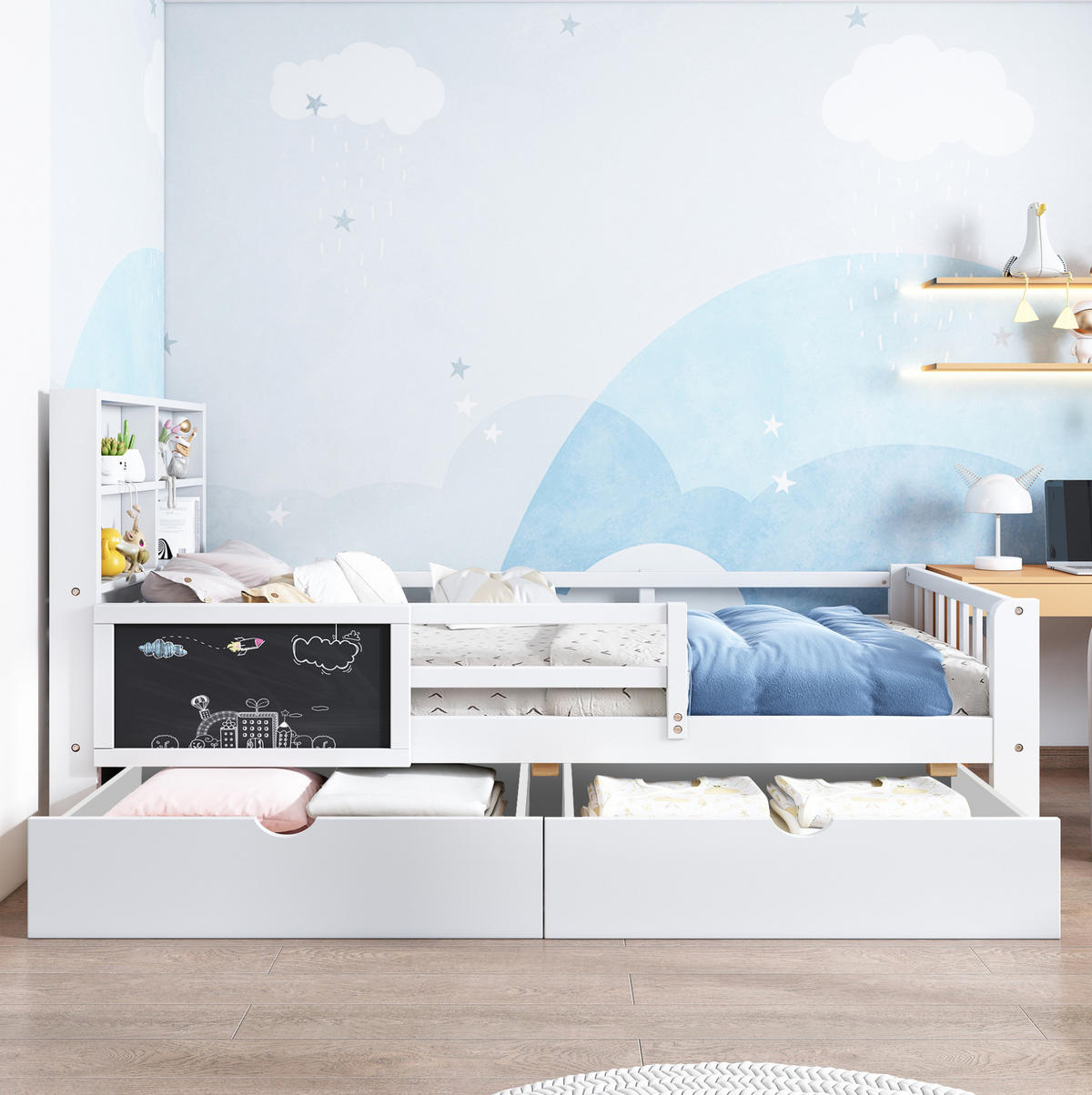 KINDEREINZELBETTEN aus Massivholz und MDF 90x200 cm in Weiß mit Schubladen & Tafel - Weiß, Holzwerkstoff (90/200cm) - Modfu