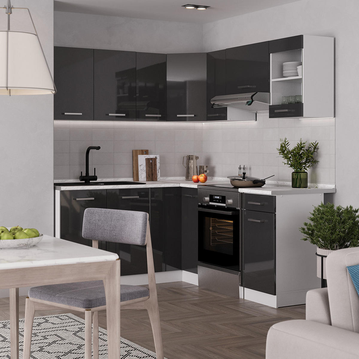 ROHOVÁ KUCHYŇ Rick Antracitový vysoký lesk/bílá - bílá/antracitová, kompozitní dřevo (190/81.6/60cm) - Vicco