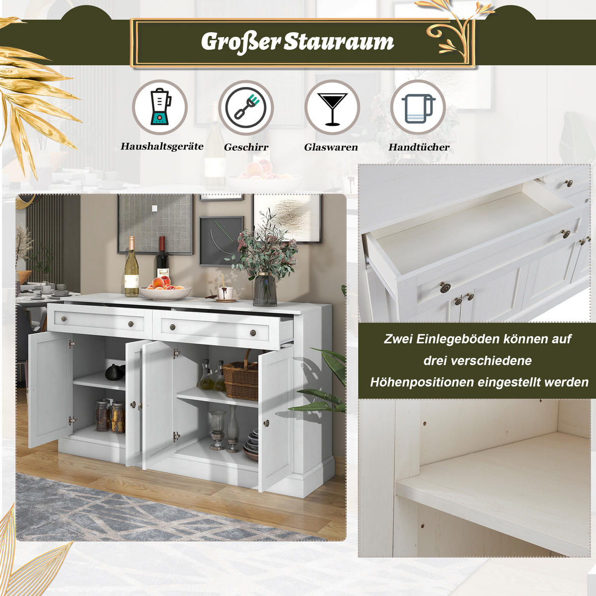 SIDEBOARD 150 cm in Antik Weiß mit 4 Schubladen und 4 Türen - Creme, Holzwerkstoff (150/86/40cm) - Urban Meuble