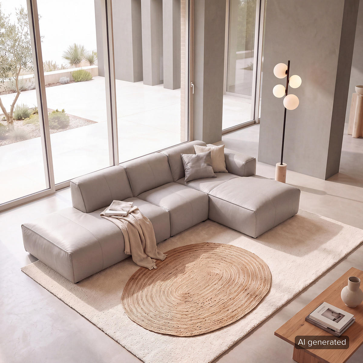 ECKSOFA mit Chaiselongue - Hellgrau/Schwarz, Leder/Kunststoff (290/173cm) - home24