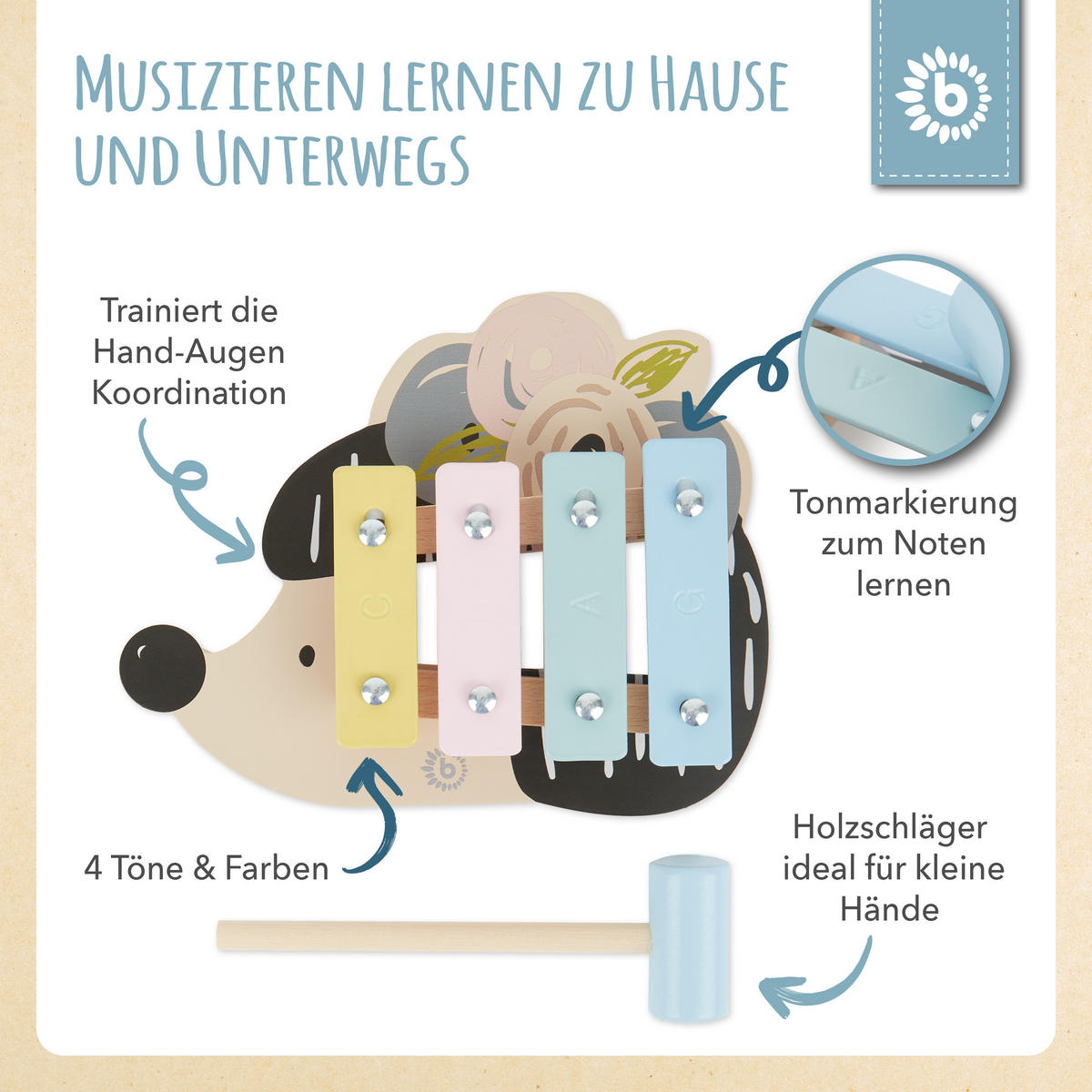 XYLOPHON Igel - ab 12 Monate - Multicolor, Holz (17/3/17.4cm) - Bieco Spielwaren