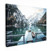LEINWANDBILD Natur - Berge - Schnee - Wald - Boot Wandbilder 80x60 cm - Hellgrün, Textil (80/60cm) - MuchoWow