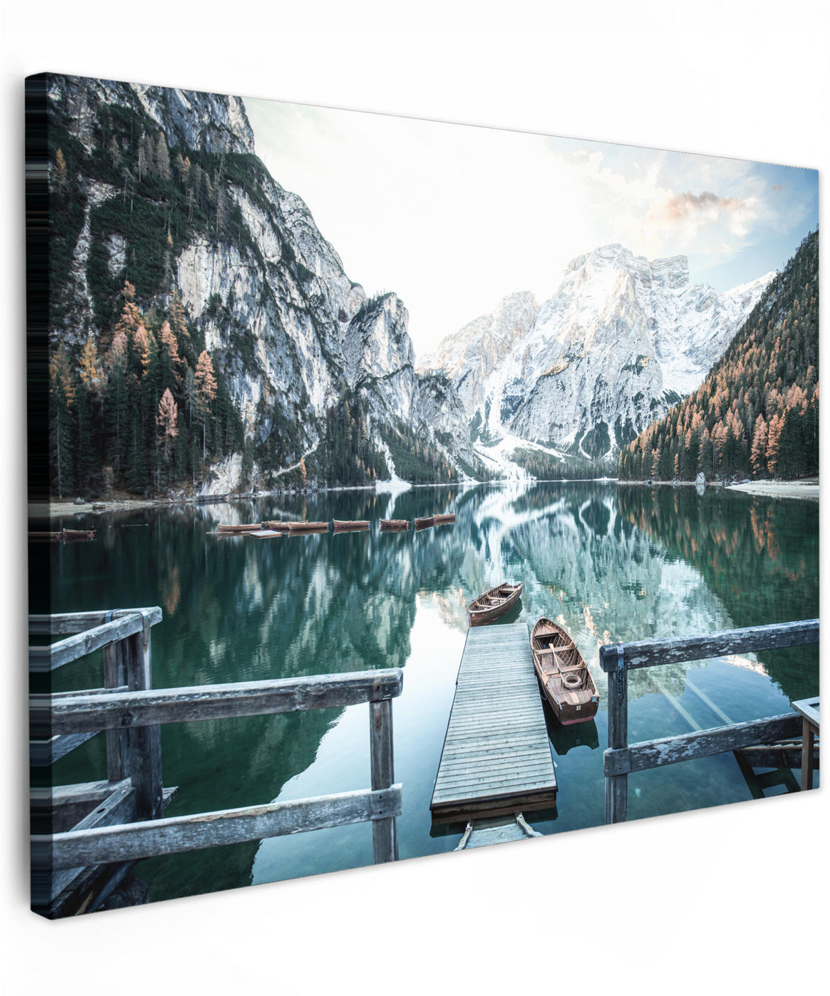 LEINWANDBILD Natur - Berge - Schnee - Wald - Boot Wandbilder 80x60 cm - Hellgrün, Textil (80/60cm) - MuchoWow
