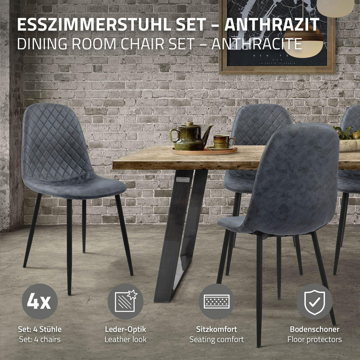 ESSZIMMERSTÜHLE 4er Set Anthrazit Kunstleder - Anthrazit/Schwarz, Textil/Metall (51/89/44cm) - ML-DESIGN