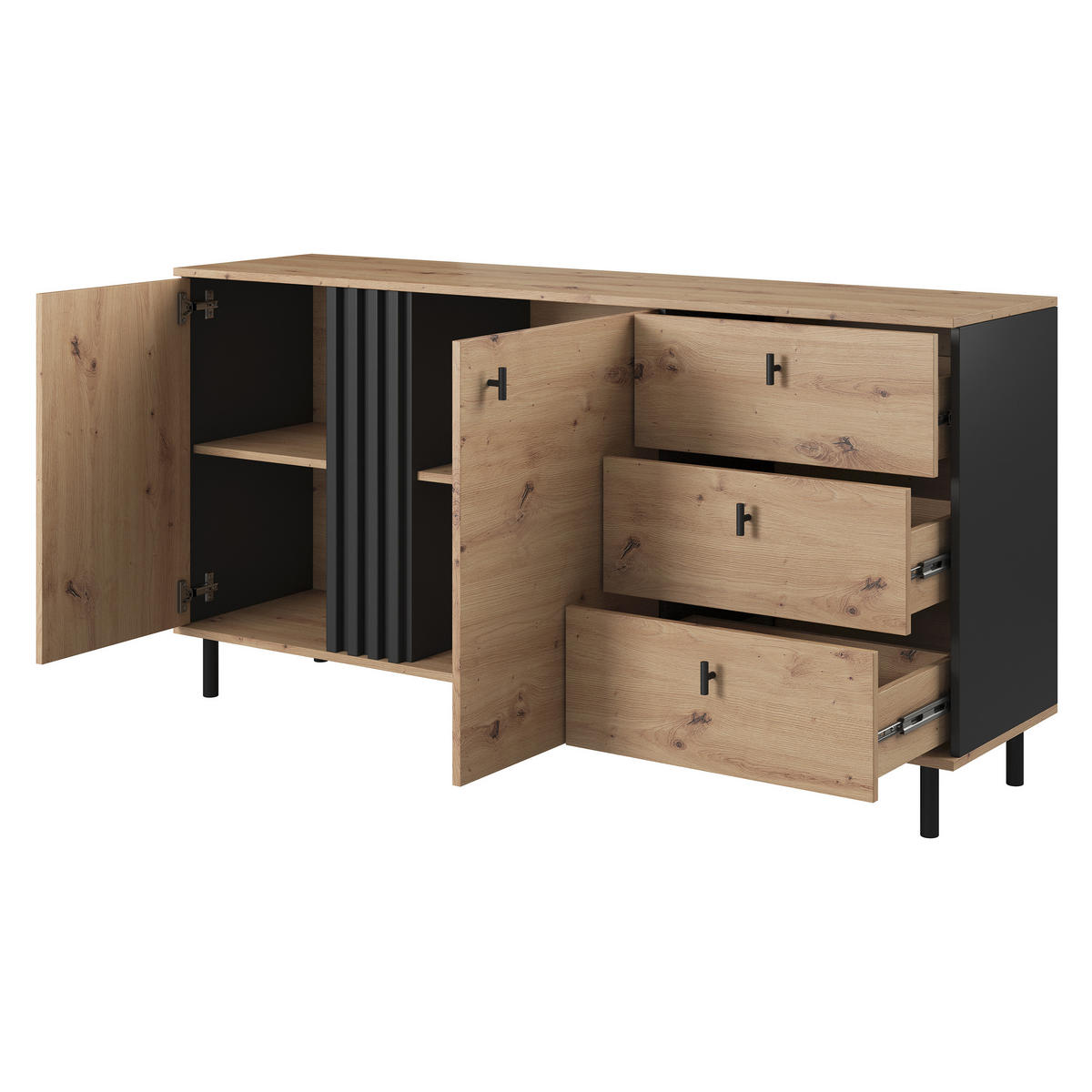 SIDEBOARD MADDALENA 165/83/40 cm mit 3 Schubladen und 2 Türen Anthrazit - Eiche Artisan, Holzwerkstoff (165/83/40cm) - MASSENO