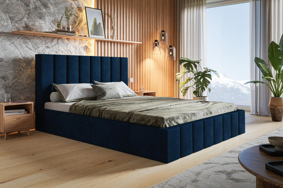 POLSTERBETT 180x200 Moris mit Kopfteil, Bettkasten Lattenrost, Blau - Blau, Holz/Textil (180/200cm) - Emporius