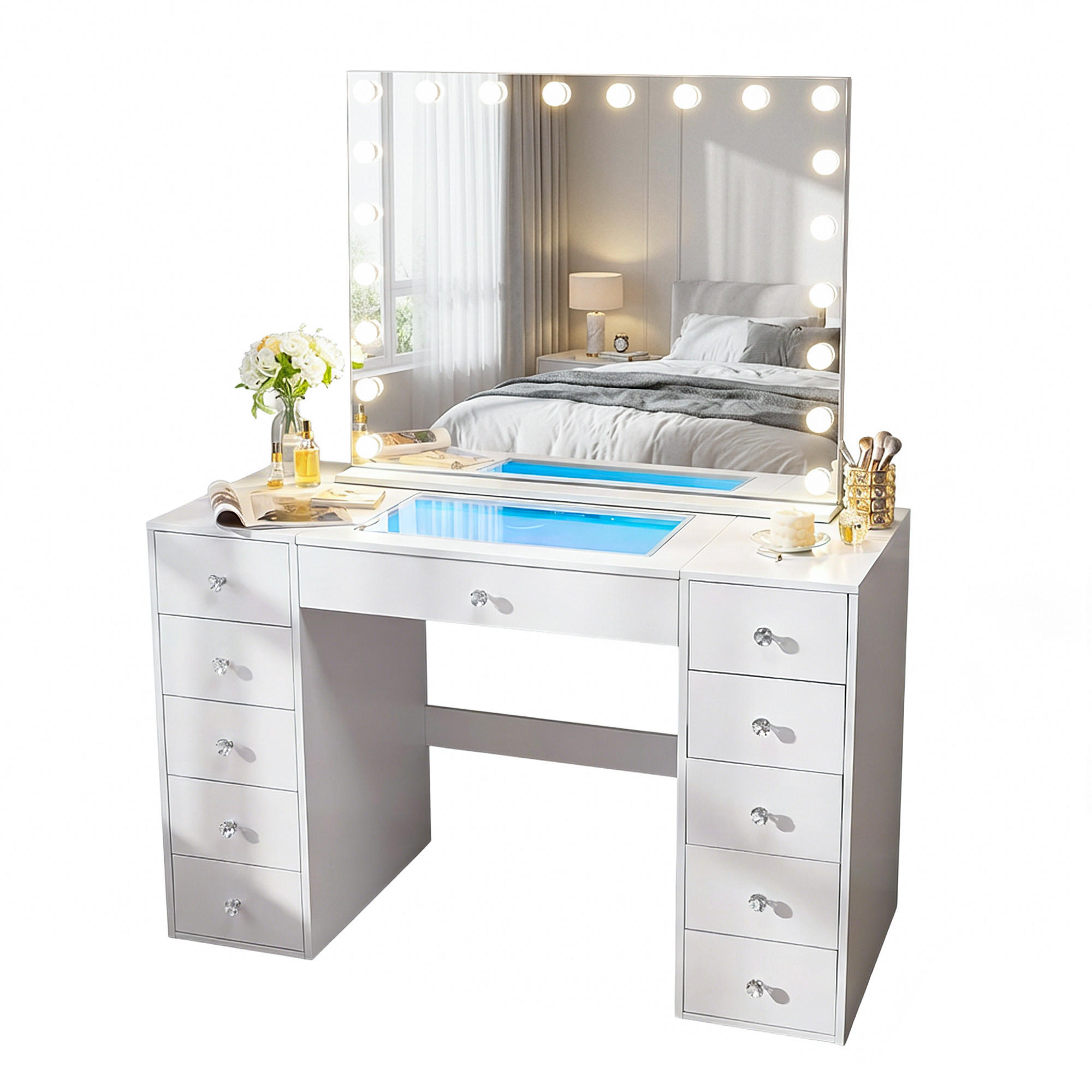 SCHMINKTISCH mit 11 Schubladen 130/55/81 CM und LED Beleuchtung Schminkspiegel 100 x 80 CM - Weiß, Holz/Metall (130/81/55cm) - VANITII