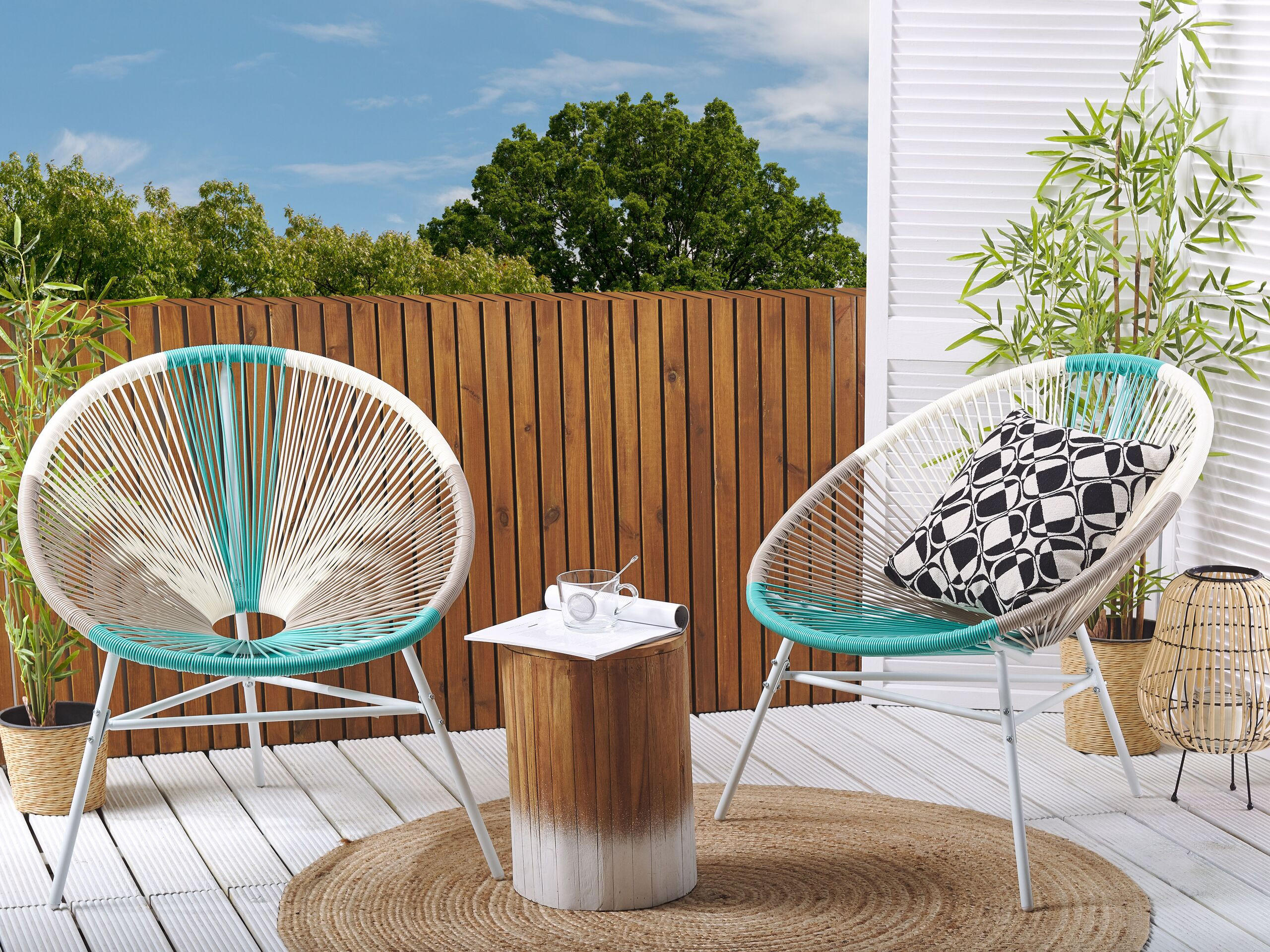 RATTANSTUHL 2er-SET Kunststoff weiß/beige/türkis 76 cm Acapulco - Blau/Beige, Kunststoff (76/85/76cm) - Beliani