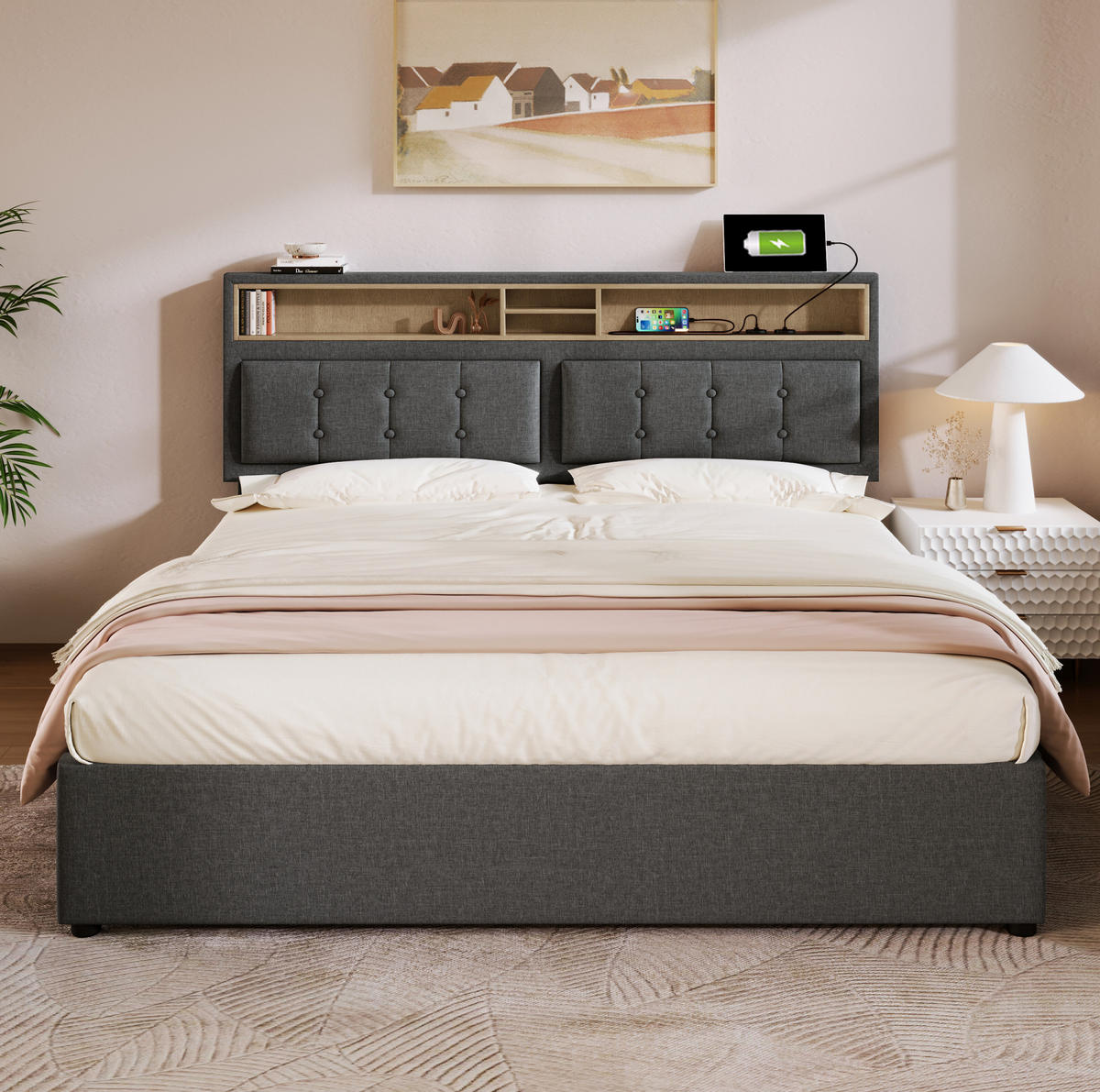 POLSTERBETT 160/200 cm Grau mit Stauraum, Matratze und USB- und Type-C-Anschlüssen - Grau, Textil (160/200cm) - Flora Grace