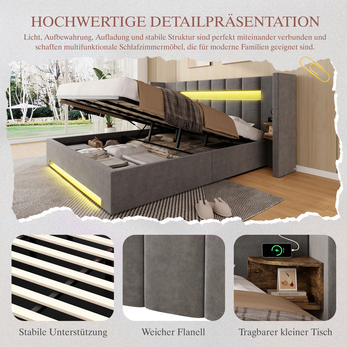 BETT mit Stauraum, USB & LED 180x200 cm Samt Dunkelgrau - Dunkelgrau, Metall (180/200cm) - Meubliv
