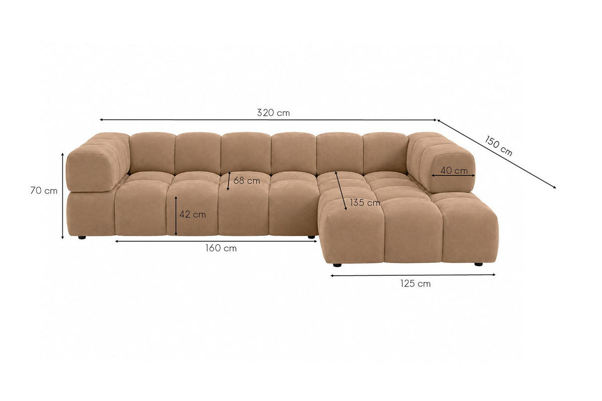 ROHOVÁ SEDAČKA ve tvaru L, velurová tkanina Bluvel, Latte, Pravá strana, Averro XL - kapučínová, dřevo (320/150cm) - Kaiser Möbel