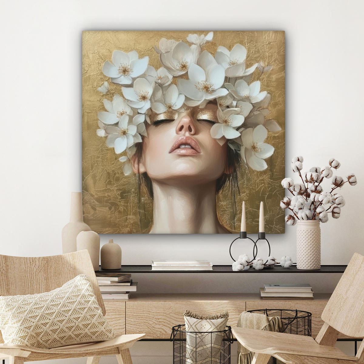 LEINWANDBILD Gesicht - Blumen - Gold - Abstrakt Deko Groß 90x90 cm - Goldfarben, Textil (90/90cm) - MuchoWow