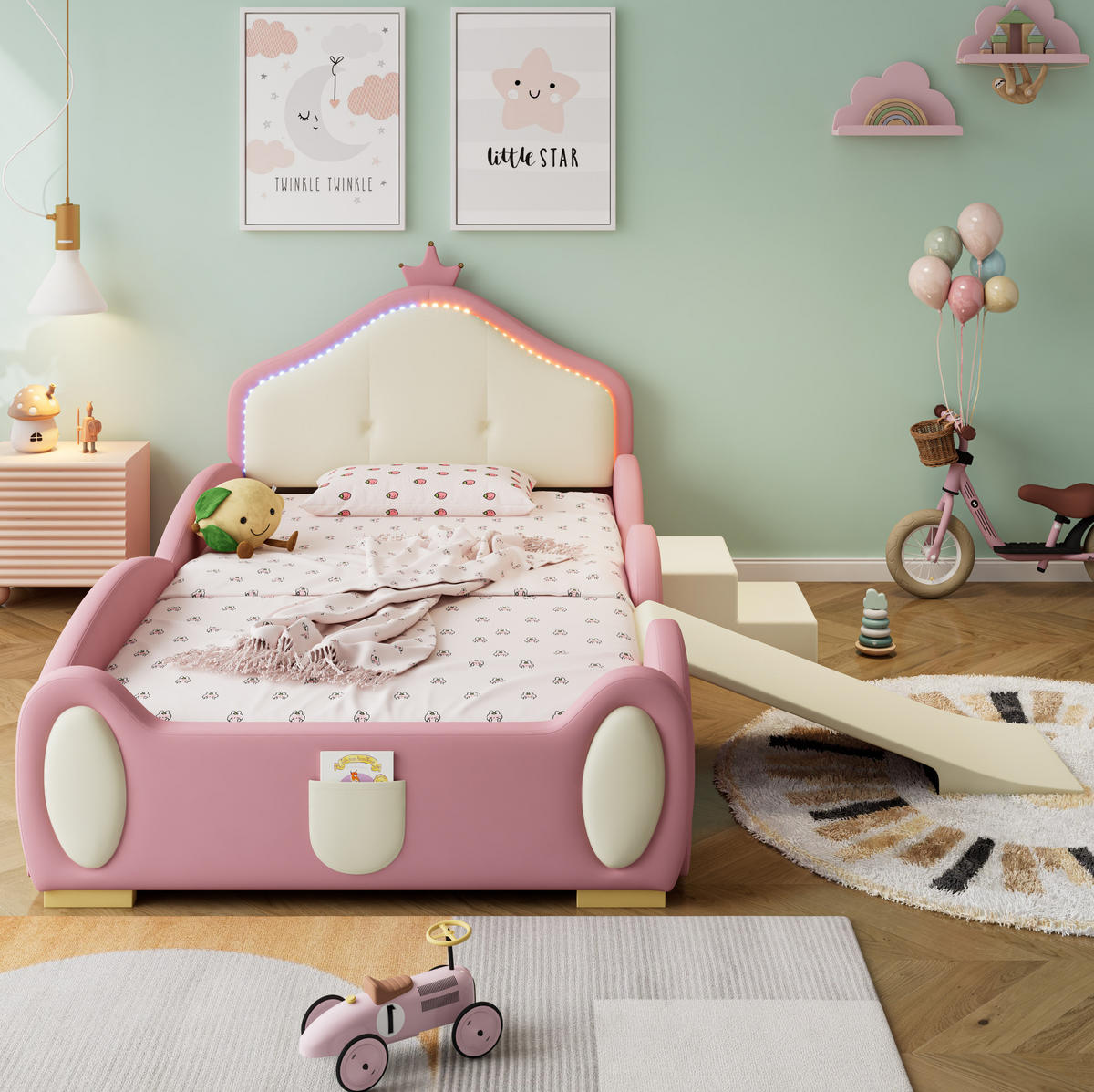 KINDERBETT 90/200 cm in Rosa/Beige mit LED-Beleuchtung, Rutsche und Treppe - Rosa, Kunststoff (90/200cm) - Flora Grace