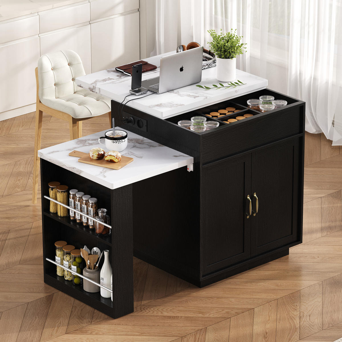 KÜCHENINSEL 125.5-187.5x71x93 cm Schwarz mit LED-Beleuchtung & Ladestation - Schwarz, Holzwerkstoff (187.5/93/71cm) - Modfu