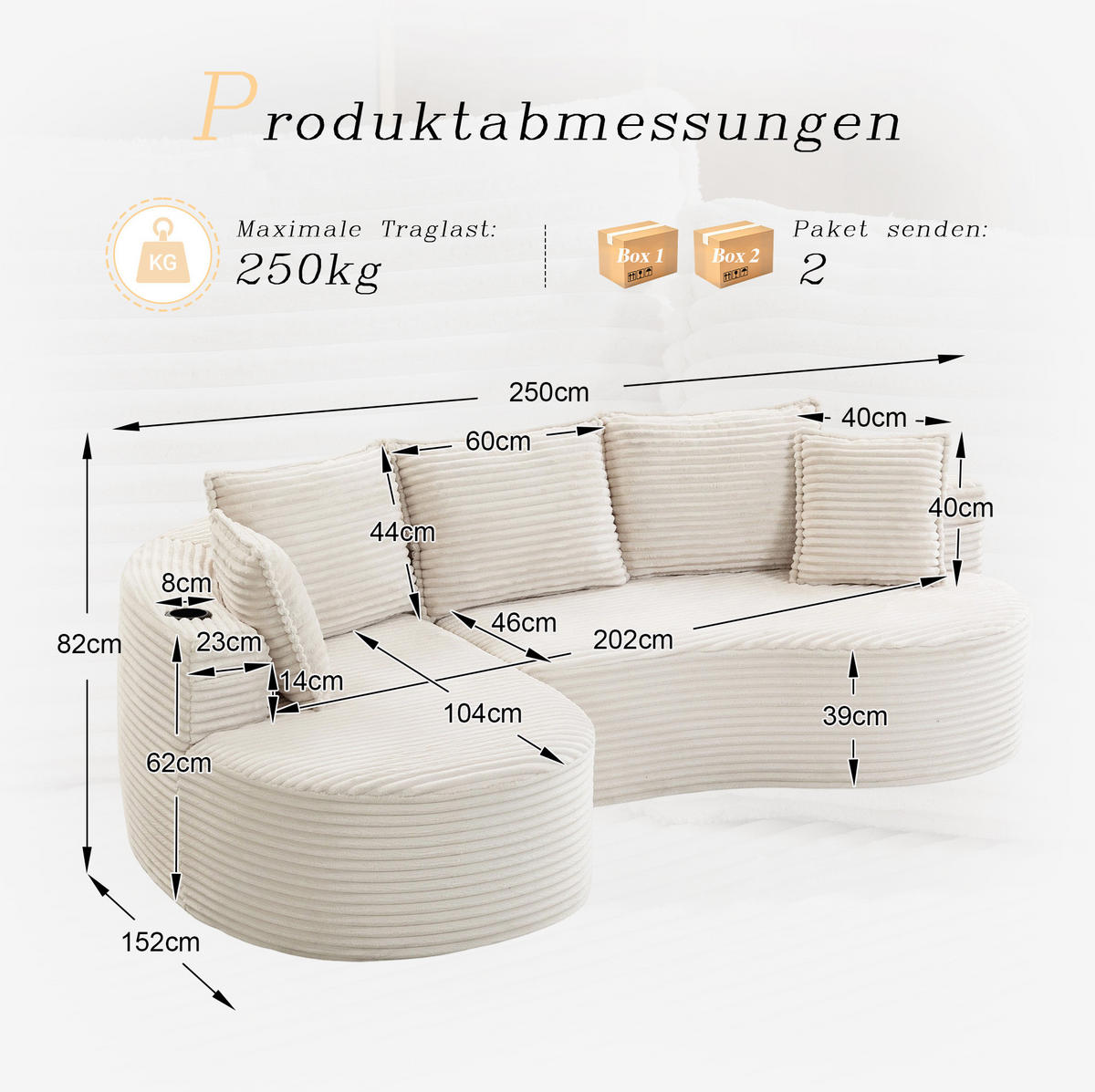 ECKSOFA aus Cord 250x152x82 cm Beige mit Getränkehaltern, Seitentaschen und Kissen im Bogendesign - Beige, Textil (250/152cm) - Modfu