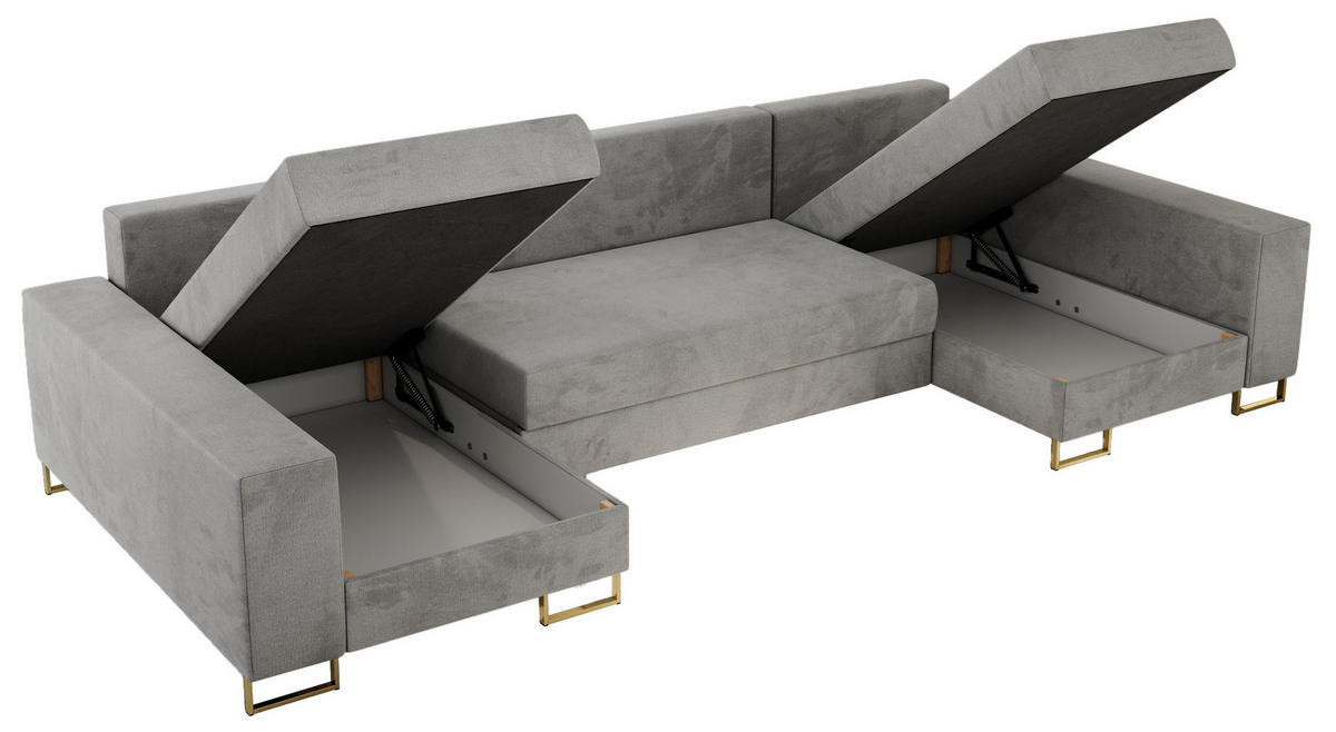 WOHNLANDSCHAFT DORIAN U Velvet Hellgrau - Goldfarben/Hellgrau, Textil/Metall (312/95/138cm) - MKS