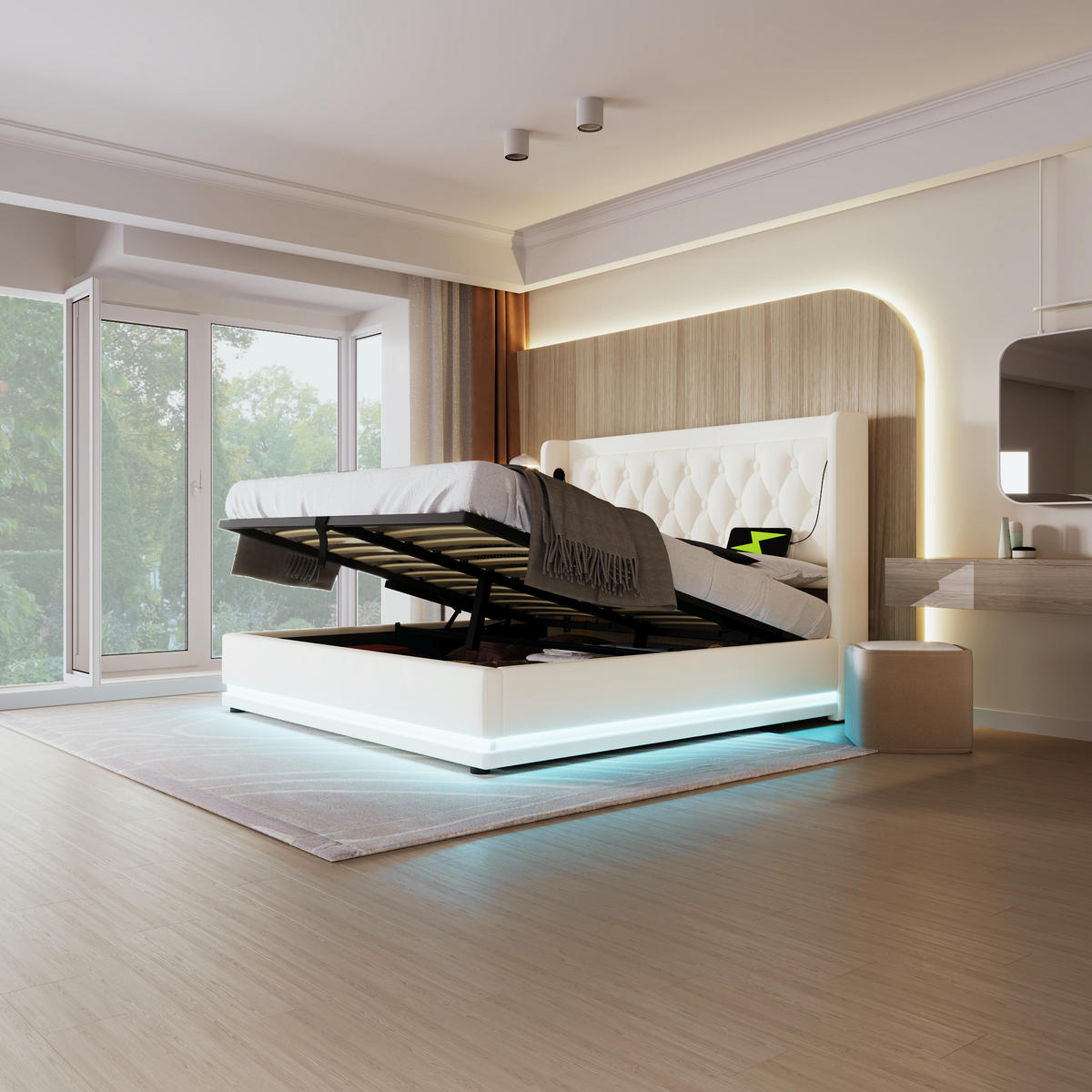 POLSTERBETT 180/200 cm aus PU mit USB- und USB-C-Anschluss, 3-seitiger LED und hydraulischem Bettkasten, Weiß - Weiß, Kunststoff (180/200cm) - Redom