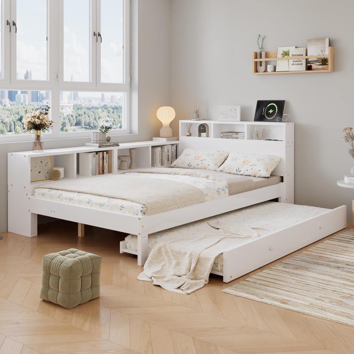 AUSZIEHBETT 120/200 cm DE-32741 mit Stauraumregal und Ladestation Weiß - Weiß, Holz (120/200cm) - ComfortXL