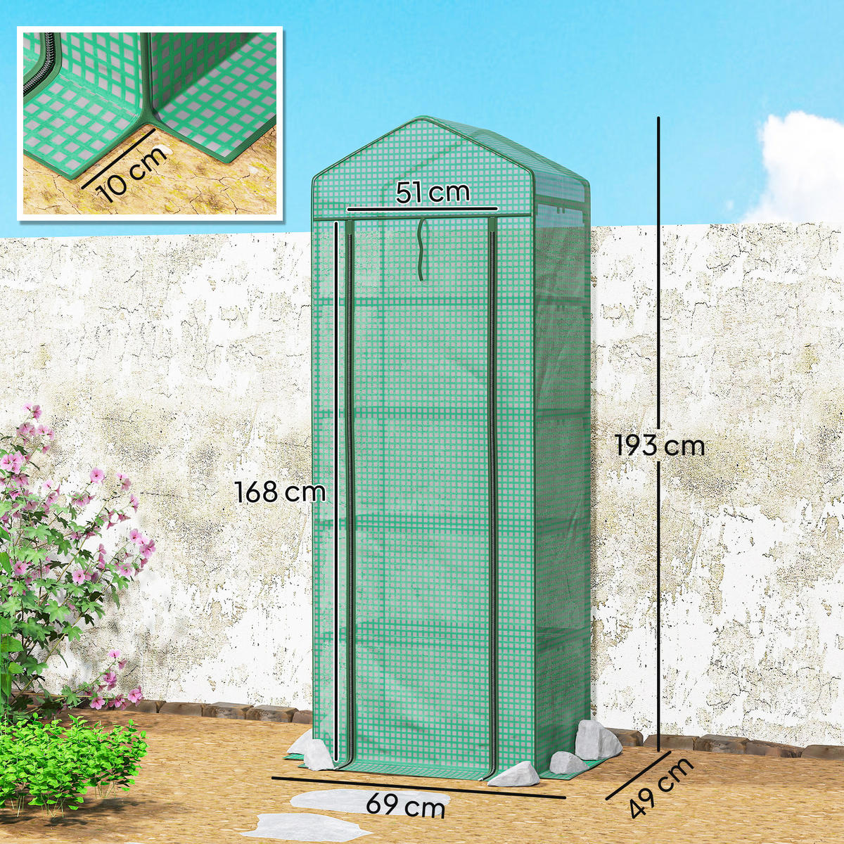 GEWÄCHSHAUS, 69L x 49B x 193H cm - Grün, Kunststoff/Metall (49/193/69cm) - Outsunny