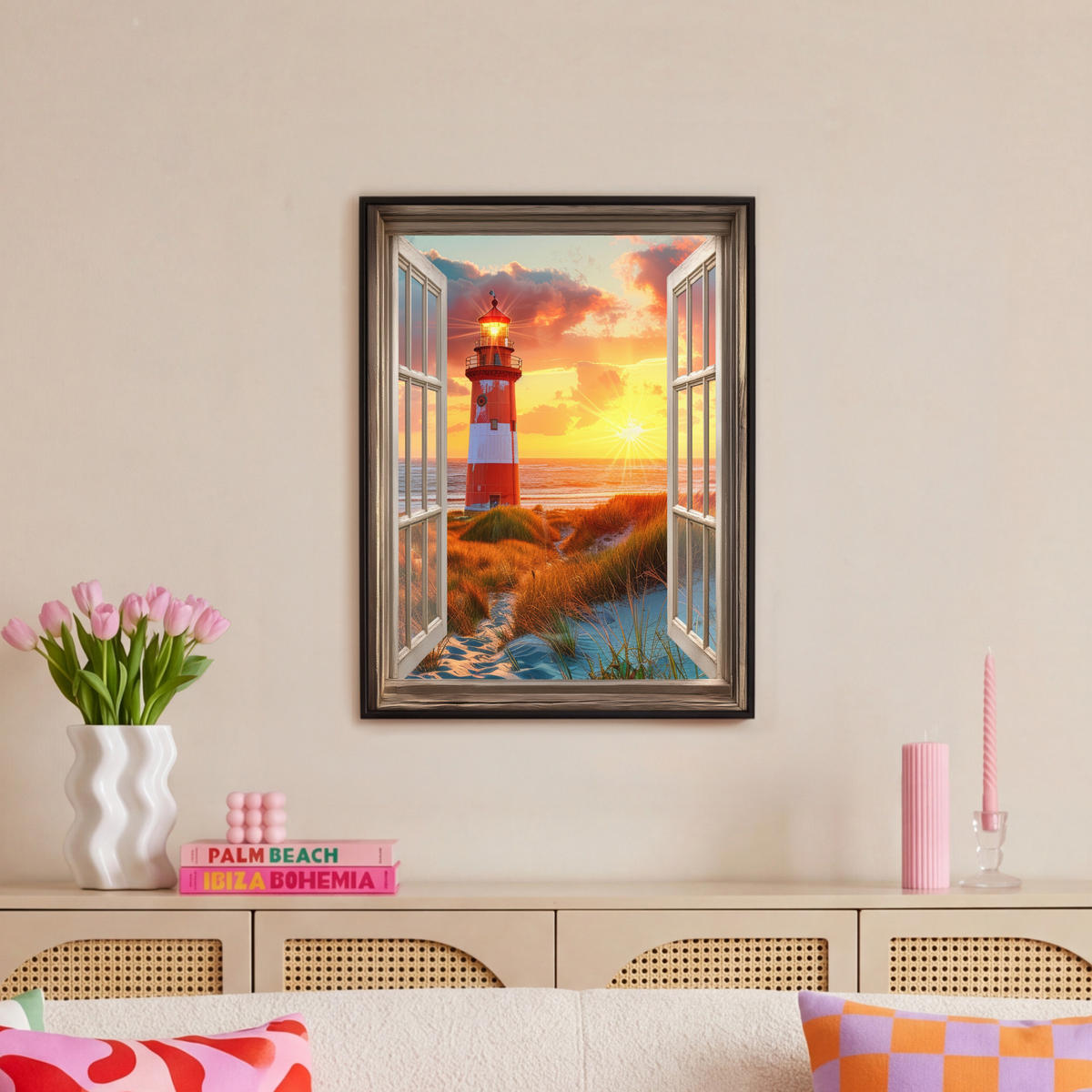 LEINWAND Bilder mit Rahmen - Aussicht - Fenster - Leuchtturm - Sonnenuntergang - Strand - 50x70 - Dunkelorange, Textil (50/70cm) - MuchoWow