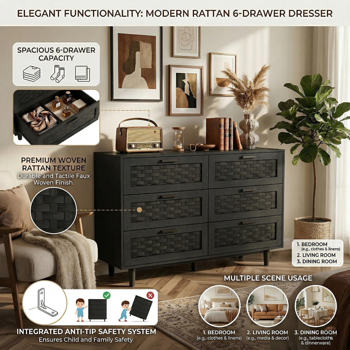 KOMMODE Japandi mit 6 Schubladen in Rattan-Optik 115/40/80 cm Schwarz - Schwarz, Holzwerkstoff (115/80/40cm) - Creahappy