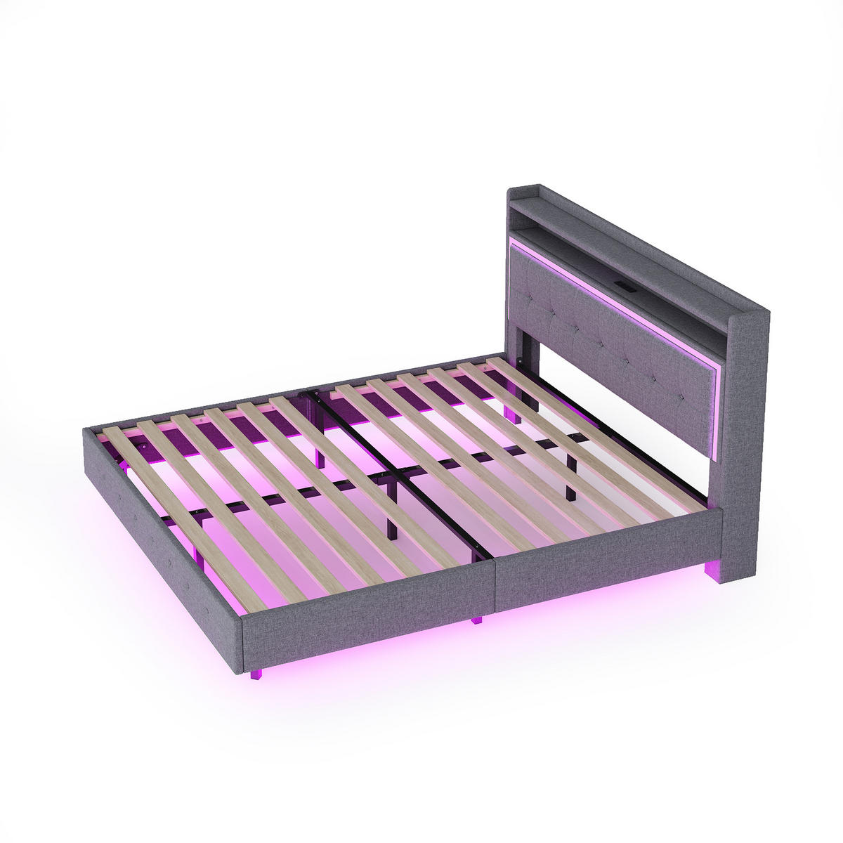 POLSTERBETT 140/200 cm grau mit USB-Steckdose und LED-Beleuchtung - Grau, Textil (140/200cm) - OKWISH