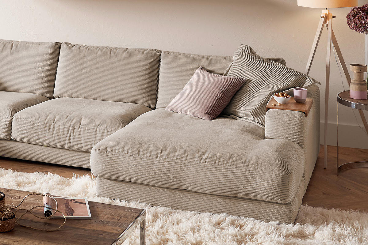 WOHNLANDSCHAFT MADELINE Taupe Cord - Taupe/Schwarz, Kunststoff/Textil (425/86/224cm) - KAWOLA