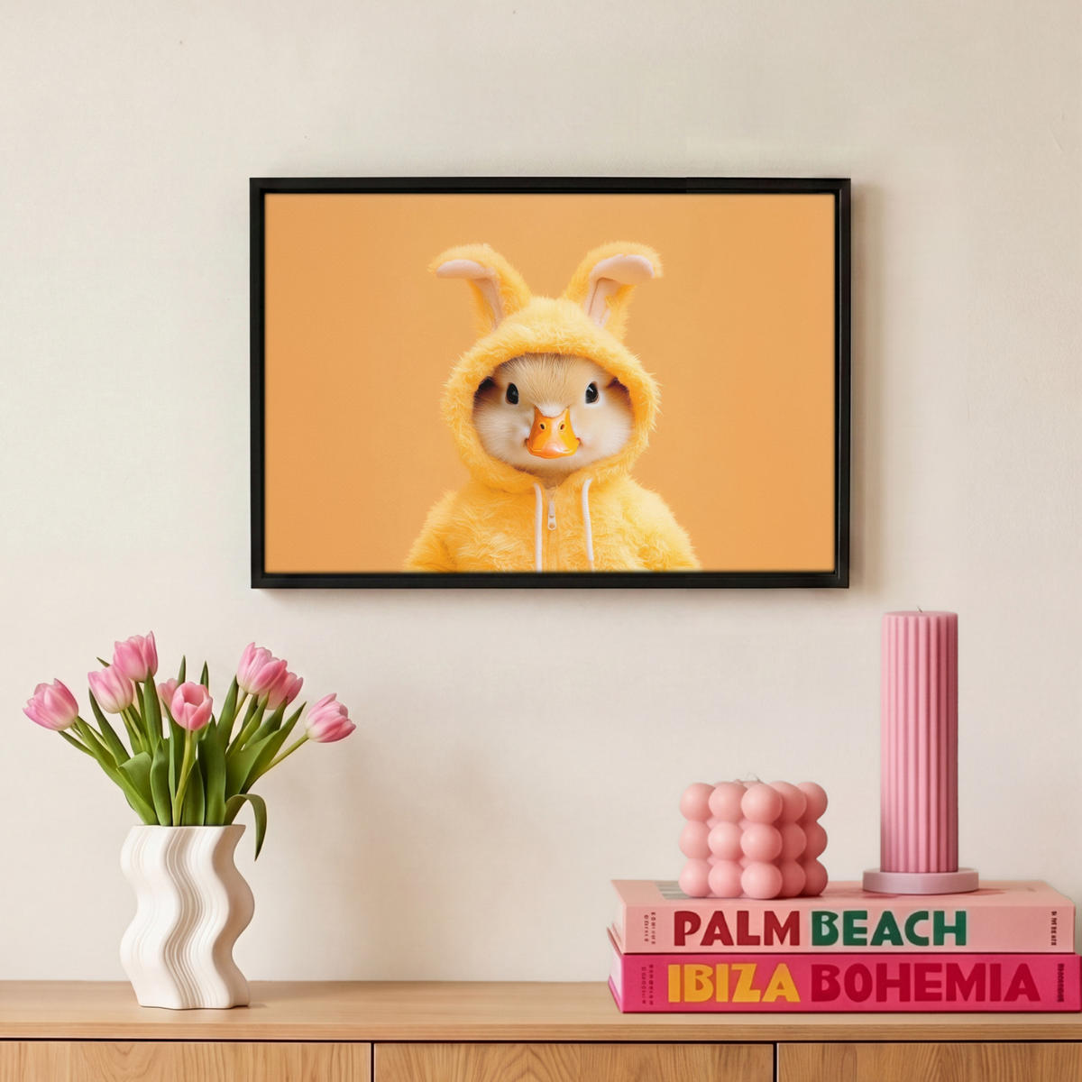 LEINWAND Bilder mit Rahmen - Osterhase - Kostüm - Ente - 30x20 - Gelb, Textil (30/20cm) - MuchoWow