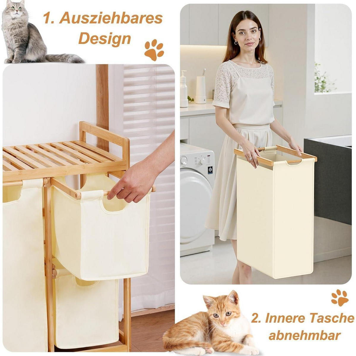 WÄSCHEKORB mit Ablage Bambus Beige 77 cm - Creme, Naturmaterialien (81/77/41.5cm)