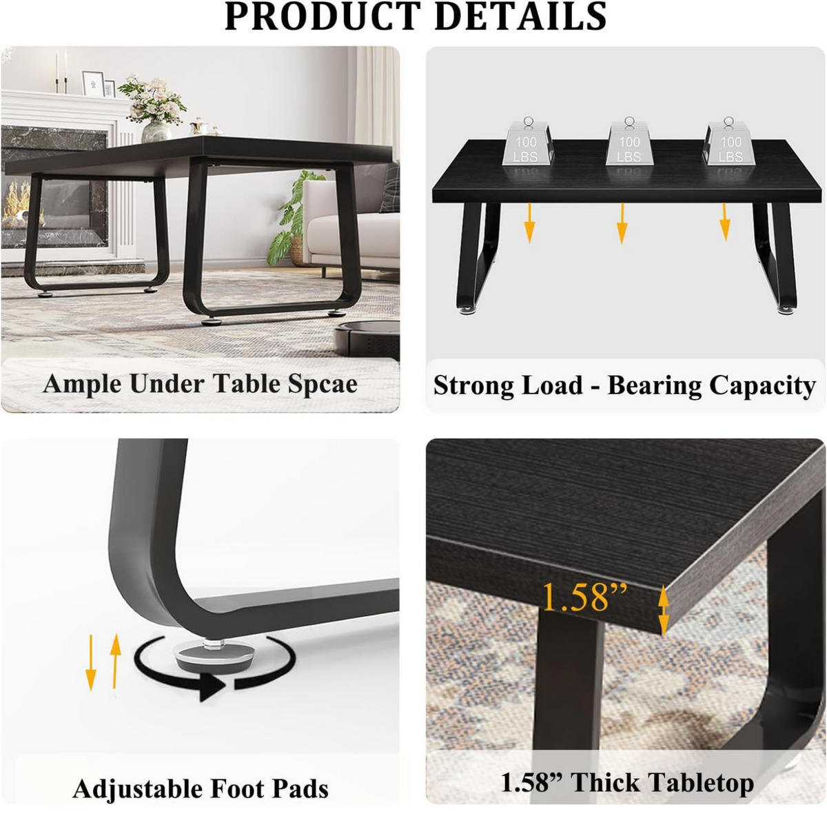 COUCHTISCH Modern Holz Metall 120 x 60 x 46,5 cm Wohnzimmertisch - Schwarz, Holzwerkstoff/Metall (60/120/46.5cm) - Quality Elegance