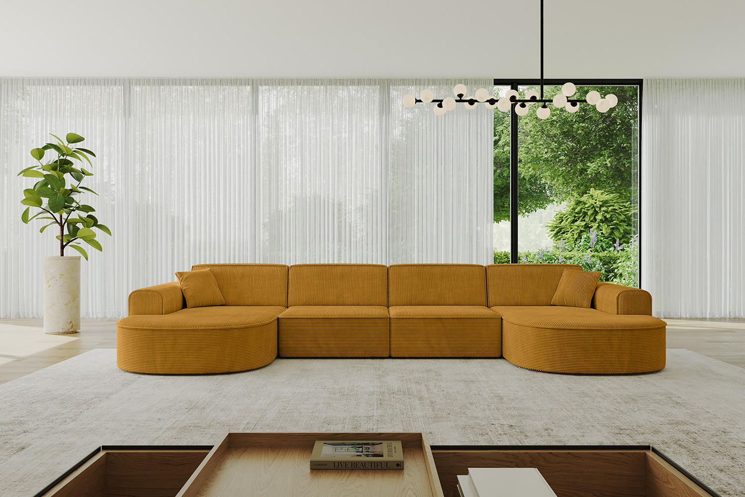 WOHNLANDSCHAFT MARI-U2 - 380x163x73,5 cm Senfgelb Cord - Gelb/Schwarz, Holzwerkstoff/Kunststoff (380/73.5/163cm) - ALTDECOR