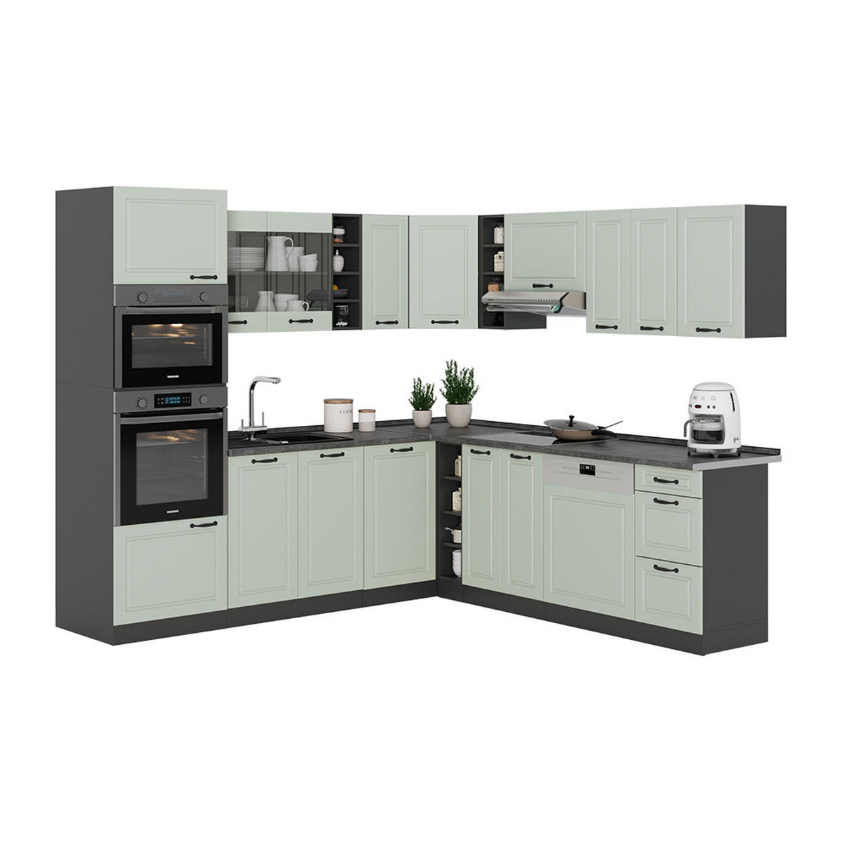 ECKKÜCHE R-Line, Mint Landhaus/Anthrazit, 247 x 237 cm - Anthrazit/Grün, Holzwerkstoff (247/206.8/60cm) - Vicco