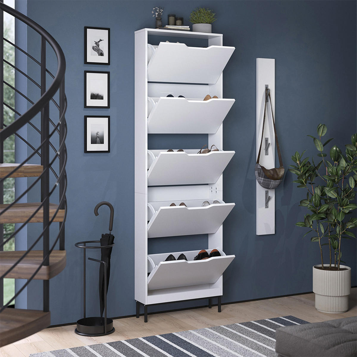 SCHUHKIPPER Luca, Weiß, 59 x 192 cm mit 5 Kippfächern - Weiß, Holzwerkstoff (59/192/17cm) - Vicco