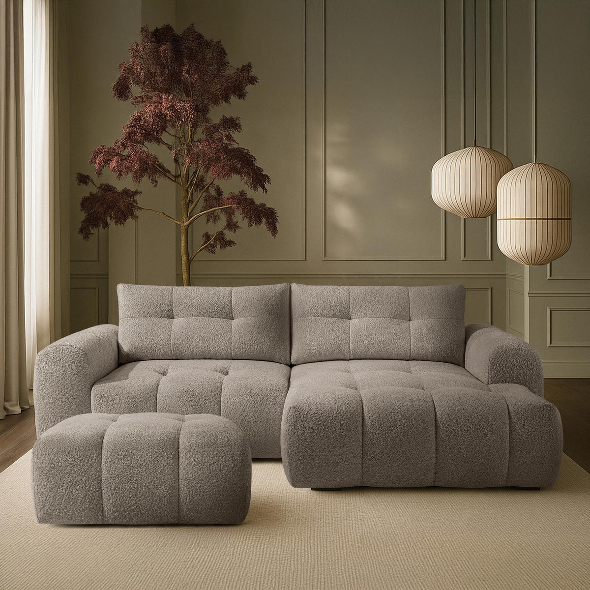 POUF RAVIA, Bouclé, Grau - Grau, Holz/Textil (96/45/50cm) - KONSIMO®